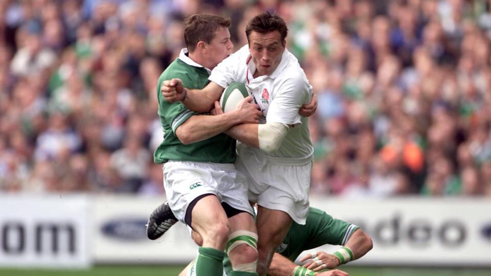 Ireland’s Brian O’Driscoll tackles England’s Dan Luger during the 2001 clash at Lansdowne Road. Ireland won 20-14. Photo: Andrew Paton/Inpho