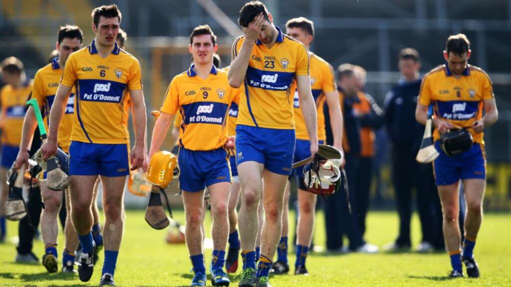 The Clare players return to the dressing rooms after the defeat to Kilkenny in Nowlan Park last weekend. Photograph: Cathal Noonan/Inpho