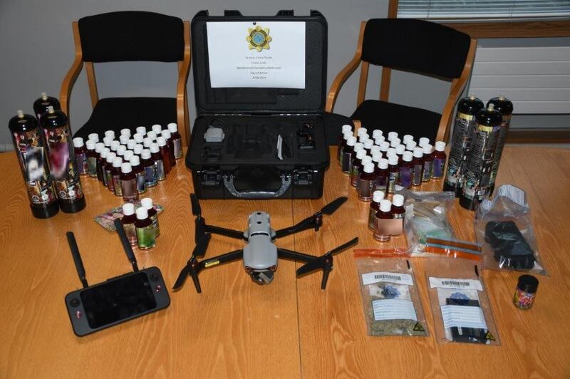 Some €10,000 of liquid THC, a drone and cannabis valued at €500 were seized during Friday's searches in west Dublin. Photograph: An Garda Síóchána