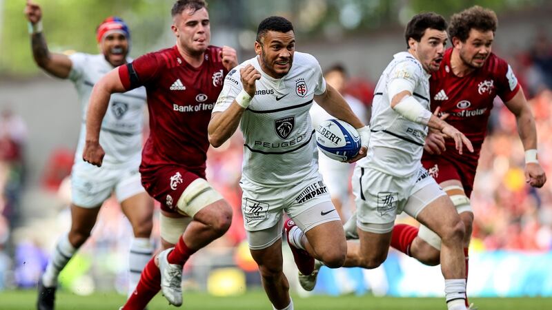 Toulouse’s Matthis Lebel makes a break to score a try during the Heineken Champions Cup quarter-final at the  Aviva Stadium. Photograph: Ben Brady/Inpho