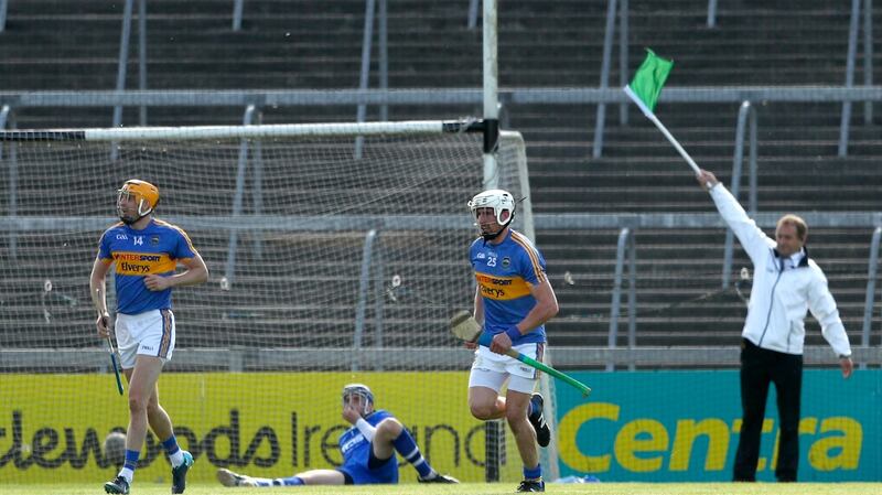 An umpire awards Maher Tipp’s first goal. Photo: James Crombie/Inpho