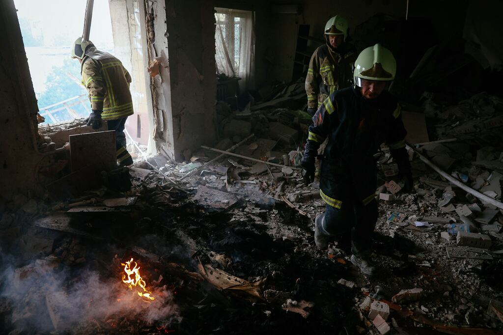 Firefighters put out the fire in a destroyed house after a shelling in Bakhmut, Donetsk region this weekend. Photograph: Anatolii Stepanov/AFP/Getty