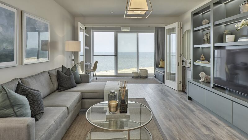 Two-bedroom apartments in the centre of the block at Marina Village in Greystones still have super views.