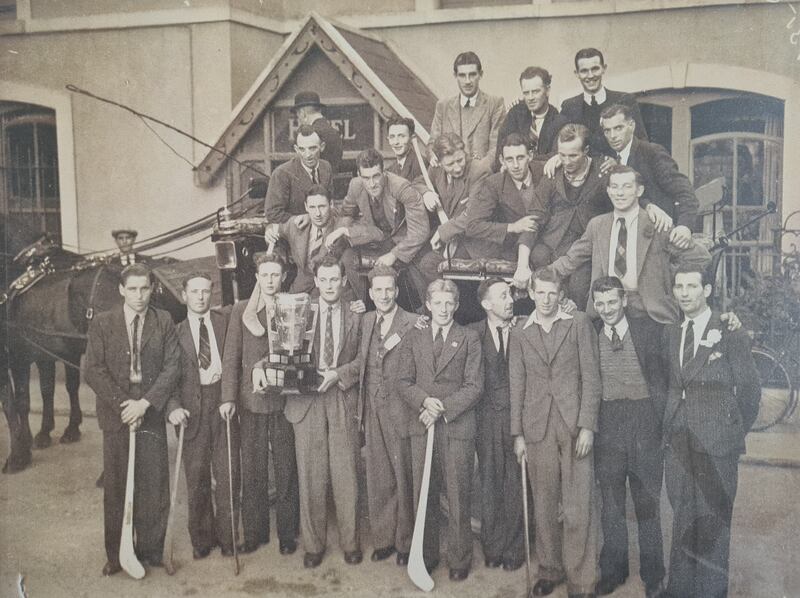 Cork All-Ireland-winning captain Jack Lynch and team-mates with the Liam MacCarthy Cup outside the Blarney Castle Hotel in 1942.