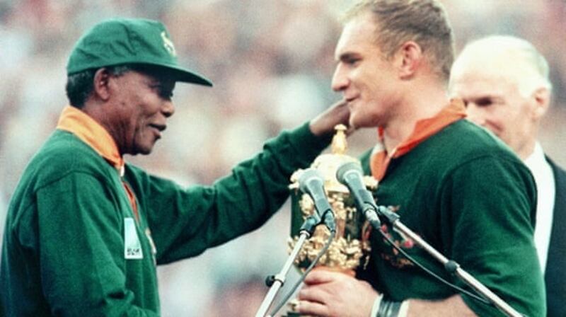 The South African president, Nelson Mandela, congratulates Francois Pienaar after his side won the 1995 World Cup. Photograph: Jean-Pierre Muller/AFP/Getty Images