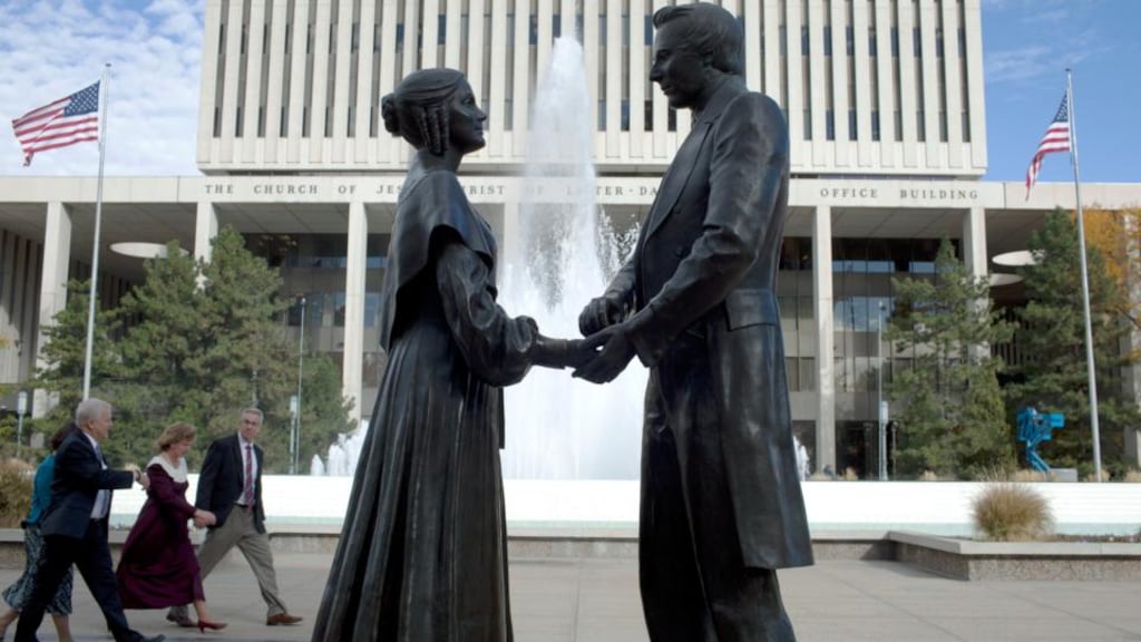 A statue of the Mormon religion’s founder and prophet Joseph Smith with his wife Emma  in Salt Lake City. Photograph: Jim McAuley/The New York Times