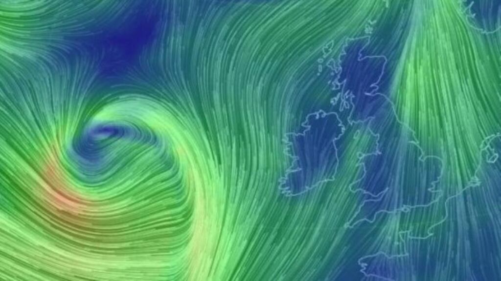 A graphic showing a weather front, which is heading towards Ireland, forming over the Atlantic today. Met Éireann has issued a yellow weather warning across the State with winds expected to reach 65km/h with gusts of up to 100km/h. Image: http://earth.nullschool.net