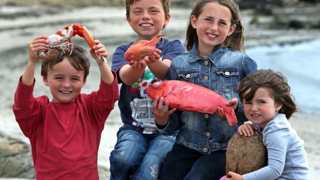 Max Foreman (8) with the 15 inch prawn and his cousins Luca Ristori who is holding a toad fish, Eabha Ristori (10) with the Alphonsino Beryx Splendens deep water fish and Ellie Ristori (3) who is holding one of the coconuts found at sea. Photograph: Joe O’Shaughnessy.