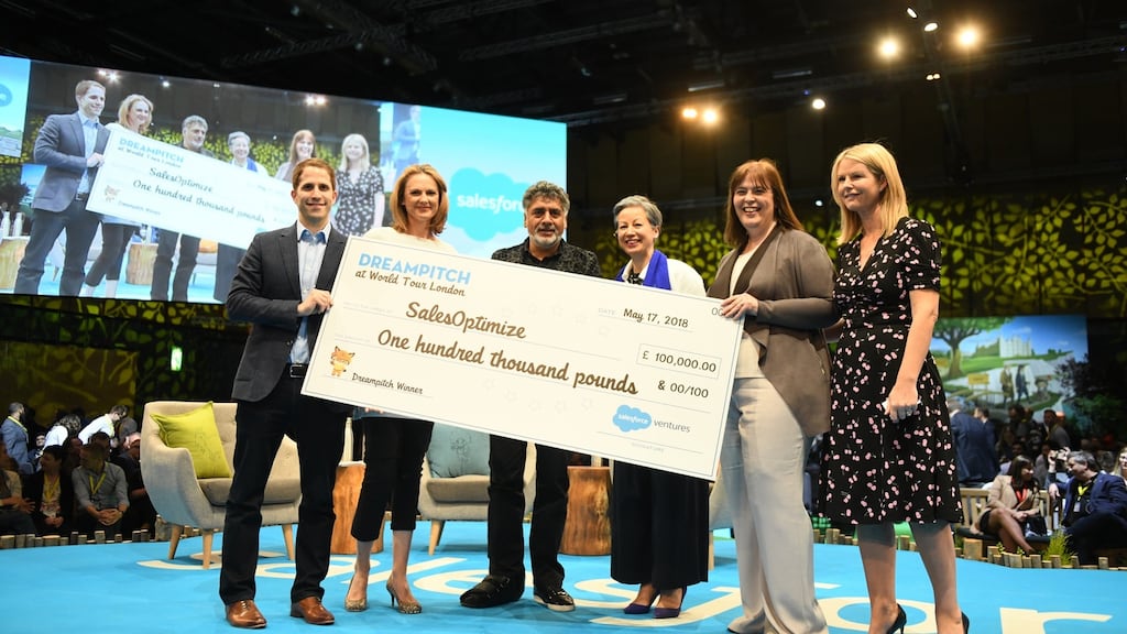 (Left to right) Alex Kayyal, Europe Head, Salesforce Ventures; Dreampitch judges Dale Murray, James Caan and Jacqueline de Rojas; Liz Fulham, chief executive Sales Optimize; Eileen O’Mara, SVP EMEA Marketing, Salesforce