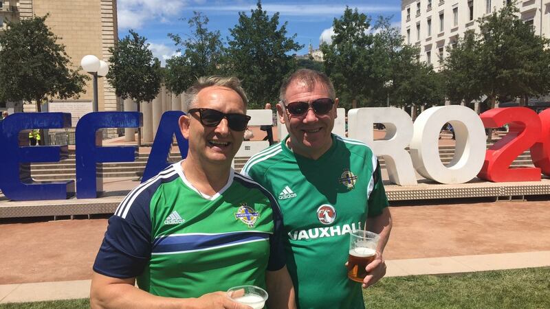 Going all out: Michael Surgeon from Donegall Road in Belfast and Norman Martin from Sandy Row in Belfast near the fan zone in Lyon ahead of today’s critical game against Ukraine in Euro 2016. Photograph: Gerry Moriarty