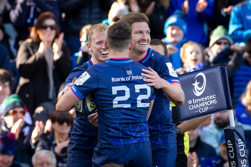 Leinster’s Jamie Osborne and Jordie Barrett congratulate try scorer Ross Byrne. Photograph: Morgan Treacy/Inpho