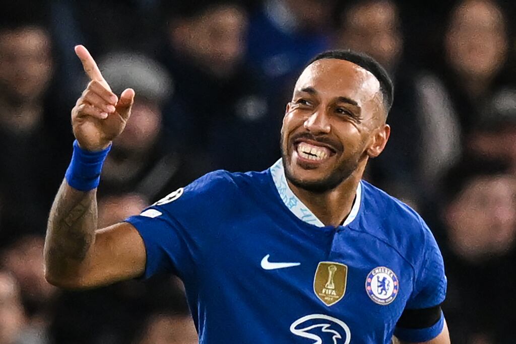Chelsea's Gabonese striker Pierre-Emerick Aubameyang Celebrates after scoring his team's second goal against AC Milan. Photograph: Glyn KIRK/AFP via Getty