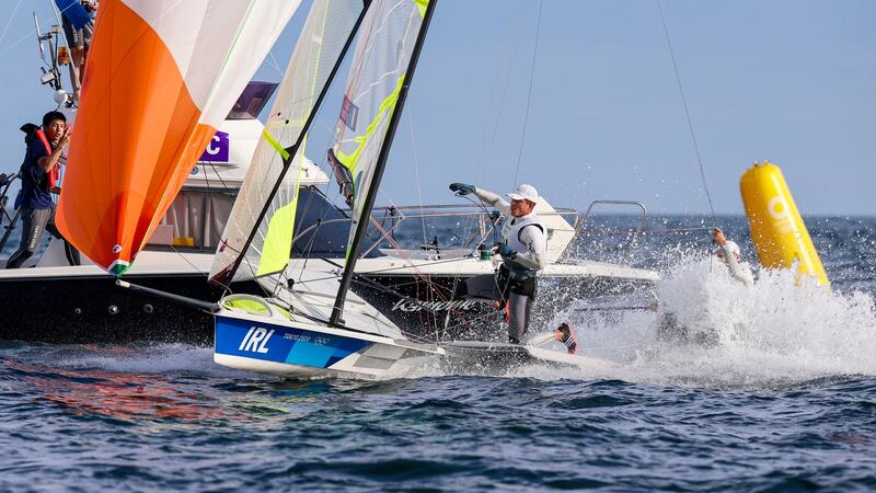 Ireland’s Robert Dickson and Sean Waddilove narrowly cross the line to beat the Team GB boat on Wednesday. Photo: Dave Branigan/Inpho