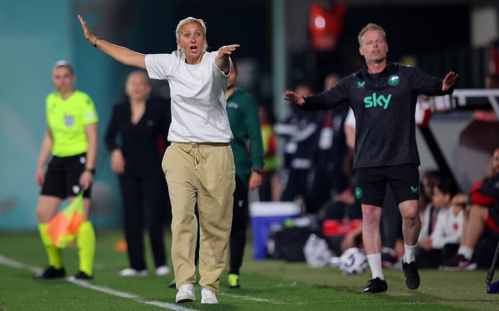 Ireland head coach Carla Ward and her assistant Alan Mahon on the touchline during last Friday's victory against Turkey in Istanbul. Photograph: Ryan Byrne/Inpho