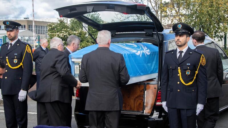 The remains of United Nations engineer Micheál Ryan arrive into Dublin Airport. Photograph: Colin Keegan/Collins