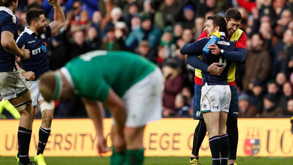 Scotland’s Greig Laidlaw celebrates his team’s victory. Photograph: Reuters