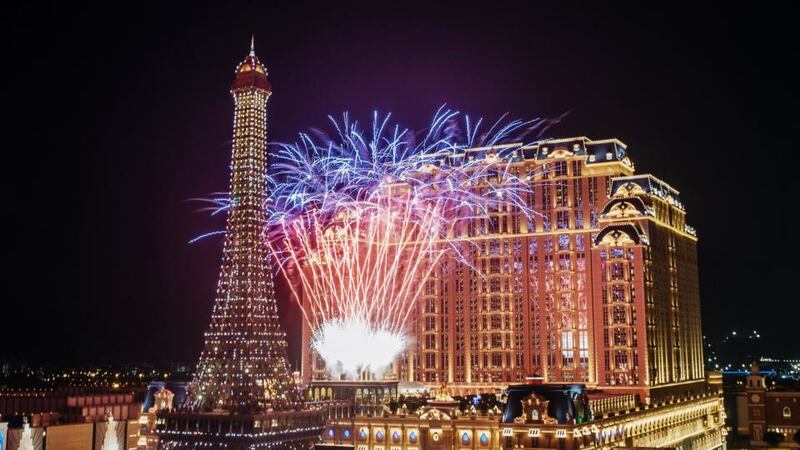 Fireworks explode over the Eiffel Tower attraction at the Parisian Macao casino. Photograph: Anthony Kwan/Bloomberg