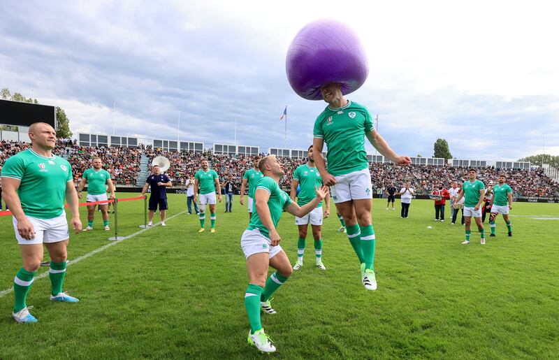 A moment of fun at the Ireland training session in the Stade de la Vallee, Tours, France, on Saturday. Photograph: Dan Sheridan/Inpho