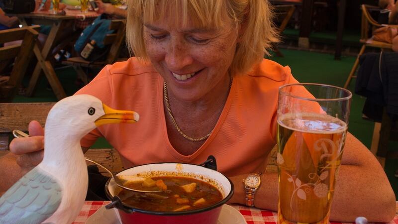 Anne Gibney and her fluffy seagull Séamus lap up goulash in Hungary. She writes a travel blog, “Gullible Travels, Diary of a Wandering Seagull”, with her husband Herwig who takes the photographs. www.gullibletravels.net