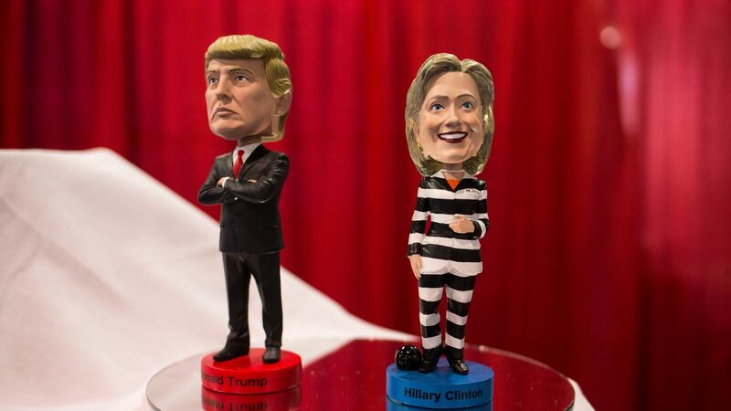 Bobbleheads of US president Donald Trump and Hillary Clinton (in a prison uniform) at the Conservative Political Action Conference at the Gaylord National Resort and Convention Center in National Harbor, Maryland. Photograph: Al Drago/The New York Times