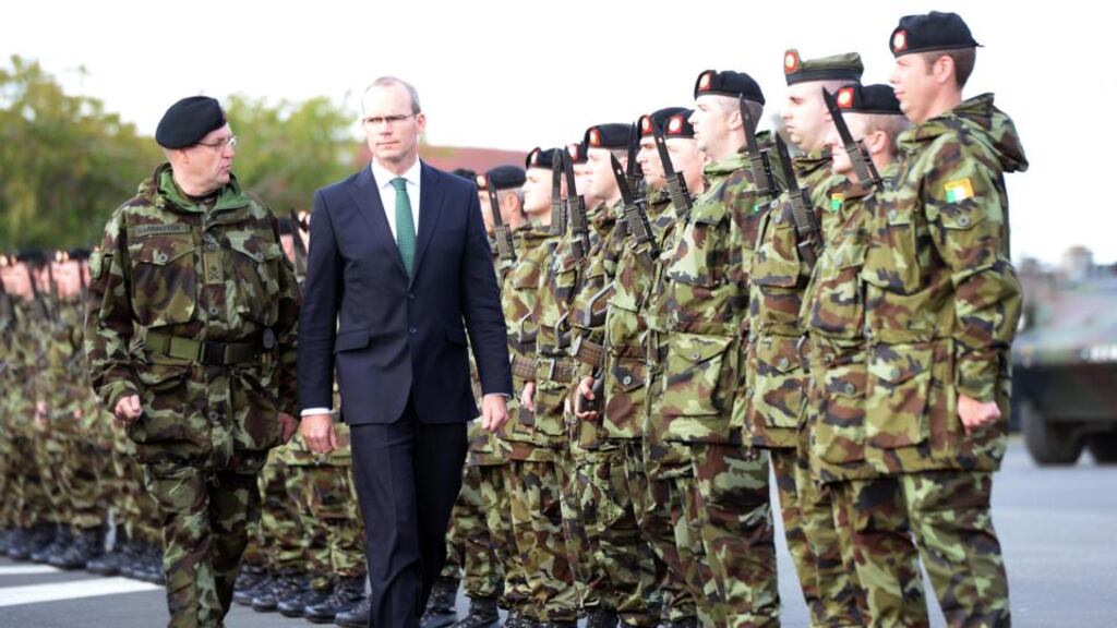 Minister for Defence Simon Coveney accompanied by Lt Col Dennis Harrington (left) Officer Commanding , at a review of the 46th Infantry Group at a ceremony in Custume Barracks, Athlone. Photograph: Eric Luke/The Irish Times.