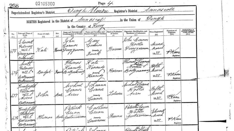 Tom Crean’s birth record from Dingle, Co Kerry in 1877.
