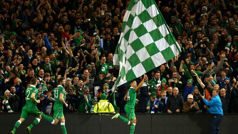 Jon Walters celebrates after scoring the opening goal from the penalty spot during the 2015 playoff against Bosnia and Herzegovina at the Aviva Stadium. Photograph: Ian Walton/Getty Images