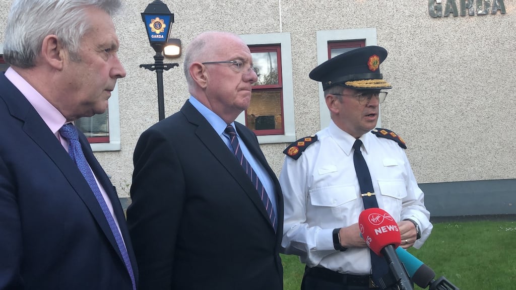 Fine Gael TD Fergus O’Dowd, Minister for Justice Charlie Flanagan and Garda Commissioner Drew Harris. Photograph: Simon Carswell