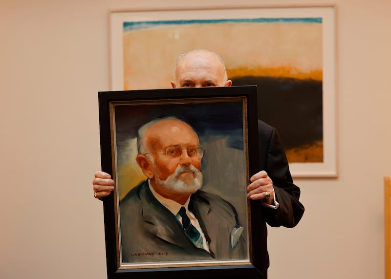 YOU'VE BEEN FRAMED: Independent Senator David Norris was honoured by Seanad colleagues at a ceremony in Leinster House after Ceann Comhairle Seán Ó Fearghaíl presented him with a portrait executed by artist William Nathans. Norris is the longest-serving member of the house having first been elected in 1987. Photograph: Alan Betson