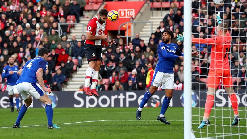 Charlie Austin heads in his second and Southampton’s third against Everton. Photograph: Catherin Ivill/Getty