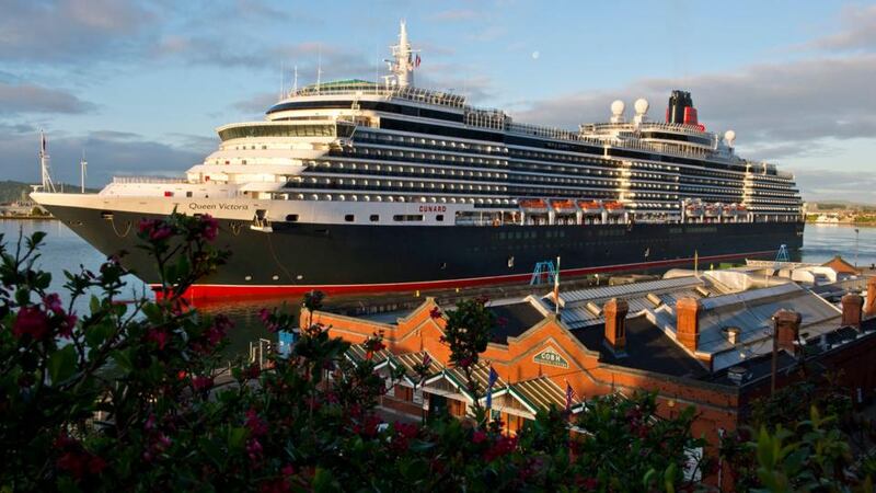 Cunard’s ‘Queen Victoria’ moored off the Old Head of Kinsale to mark the 100th anniversary of the sinking of Lusitania. Photograph: Cunard/PA Wire