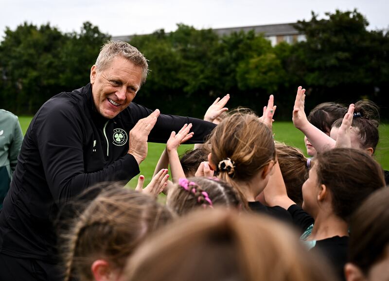 Republic of Ireland manager Heimir Hallgrímsson with participants during a visit to a FAI football camp at Verona FC in Blanchardstown, Dublin. Photograph: Harry Murphy/Sportsfile