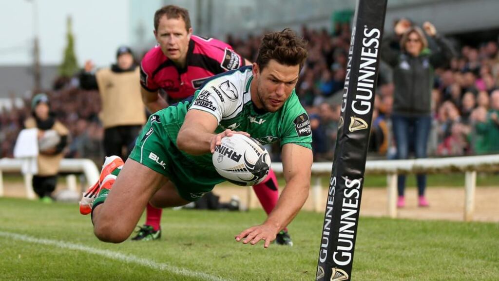 Connacht’s Danie Poolman scores his side’s second try against the Dragons. Photograph: James Crombie/Inpho