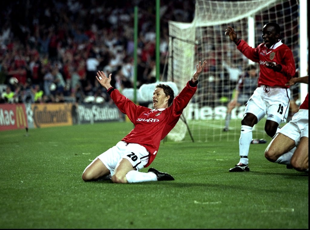Ole Gunnar Solksjær celebrates scoring Manchester United's winning goal in the Champions League Final against Bayern Munich at the Nou Camp Stadium in Barcelona. Photograph: Ben Radford /Allsport