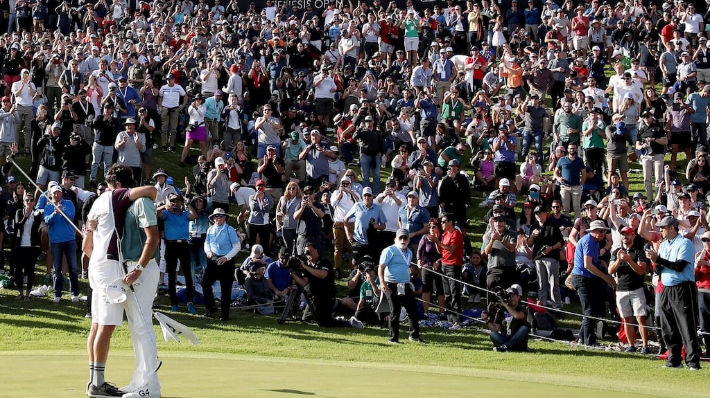 Bubba Watson and caddie Ted Scott celebrate after winning the Genesis Open at Riviera Country Club  in Pacific Palisades, California. Photograph: Christian Petersen/Getty Images