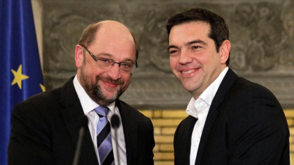 Greek prime minister Alexis Tsipras (R) and Martin Schulz (L), president of the European Parliament, at a press conference after their meeting in Athens on Thursday. Photograph: Orestis Panagiotoou/EPA.