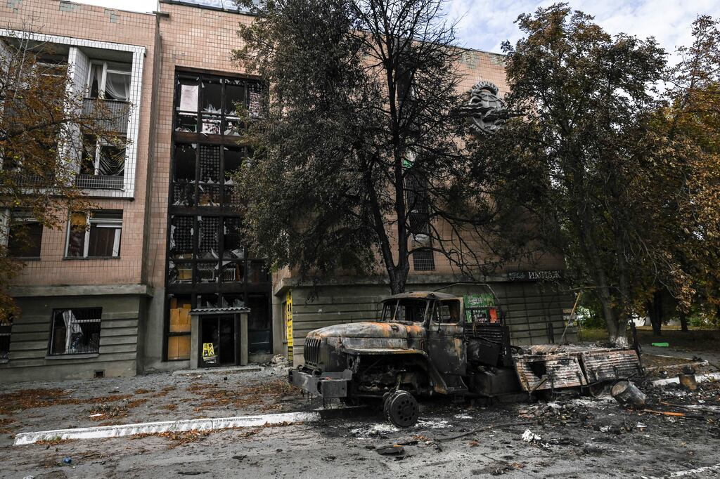 A destroyed Russian military vehicle in Balakliya, Kharkiv region. Photograph: Juan Barreto/AFP via Getty Images