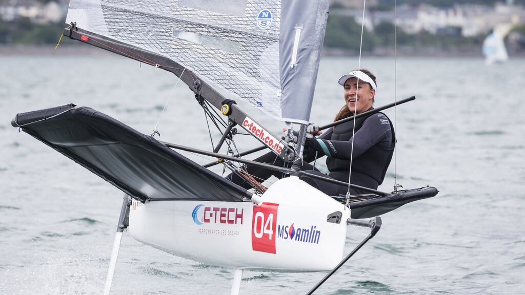 Olympic medalist Annalise Murphy competing on her foiling Moth class dinghy at the Volvo Dun Laoghaire Regatta. Photograph: David Branigan/Oceansport