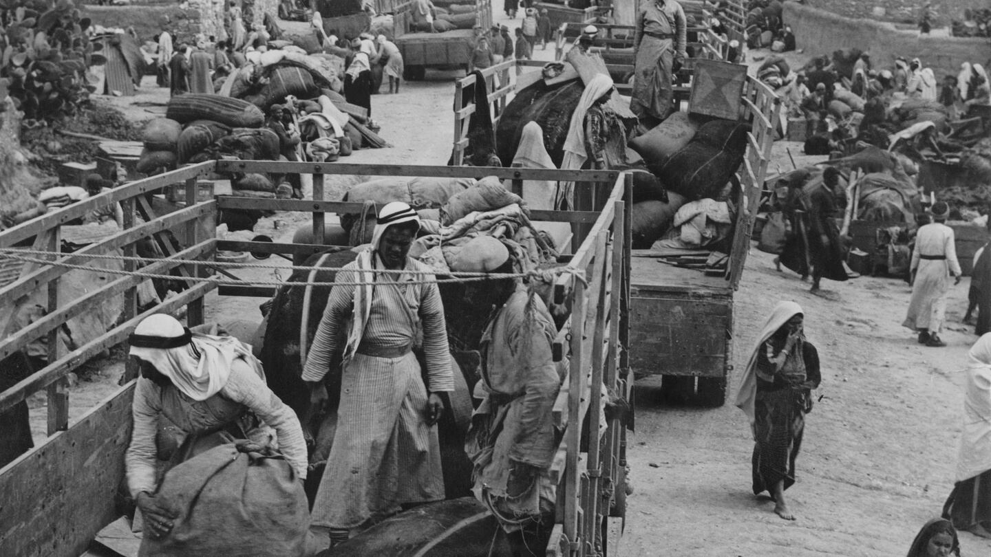 Arabs leaving the Al-Faluja pocket for Arab territory after the 1949 armistice between Israel and Egypt. Photograph: Keystone/Getty Images