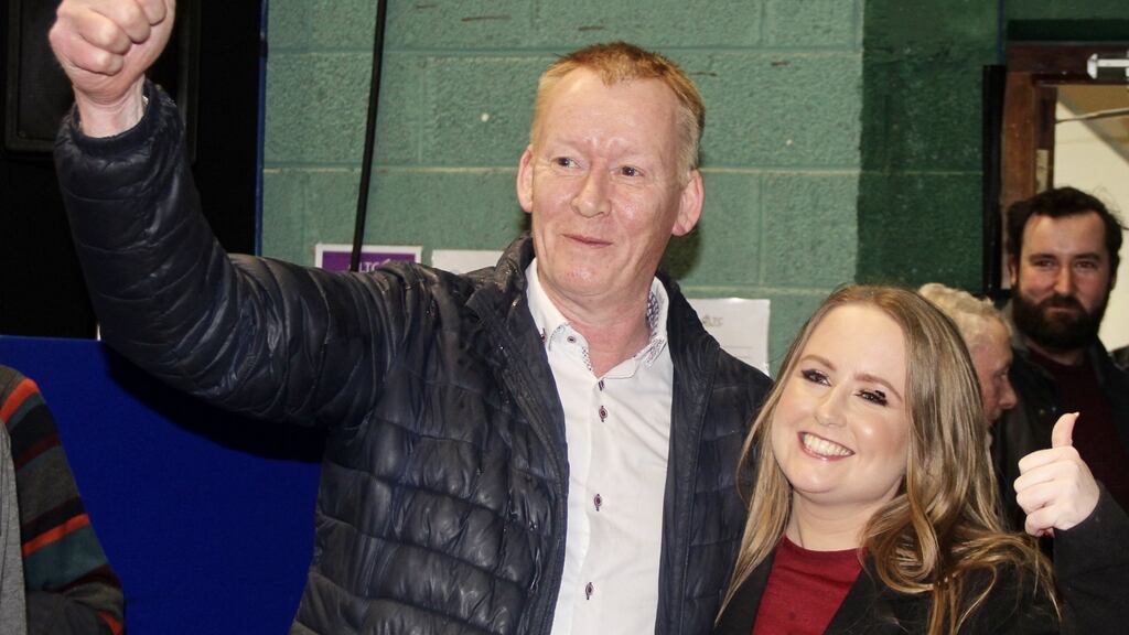 Mairead Farrell arrived at Galway West count with her election agent Cathal O’Conhúir. Photograph: Ronan McGreevy