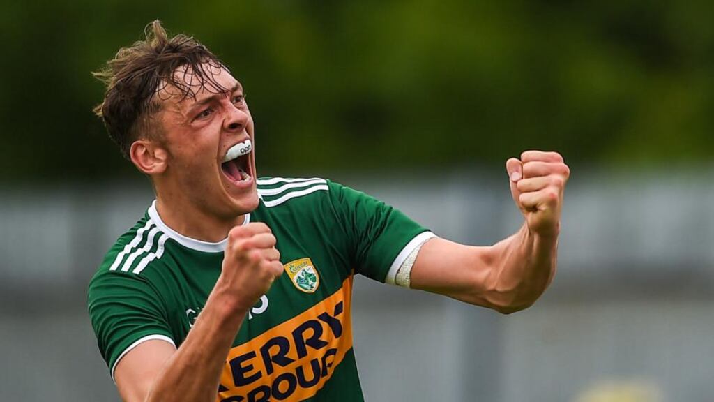 David Clifford celebrates after scoring Kerry’s late goal in the All-Ireland quarter-final Super 8 game against Monaghan at St Tiernach’s Park in Clones. Photograph: Philip Fitzpatrick/Sportsfile via Getty Images