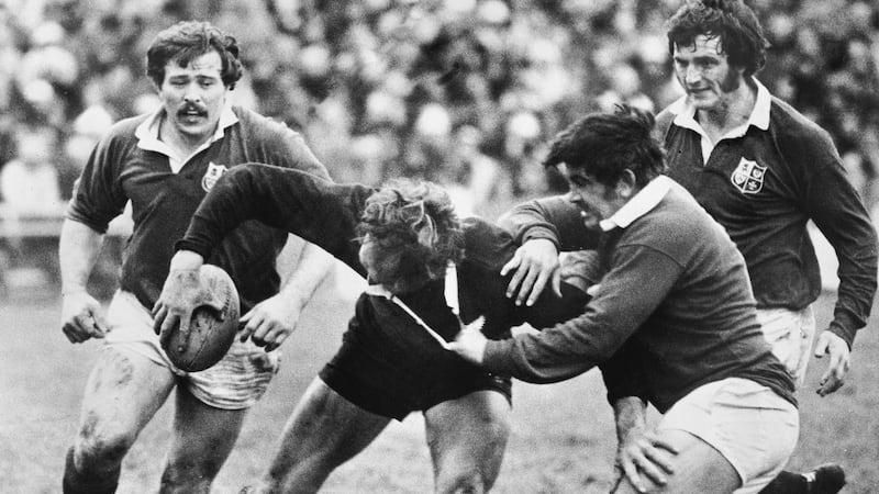 New Zealand’s Ian Kirkpatrick is brought down by Bobby Windsor of the Lions, as Phil Orr (left) and Trevor Evans close in during the first  Test  at Wellington on June 18th, 1977. Photograph:   Central Press/Hulton Archive/Getty Images