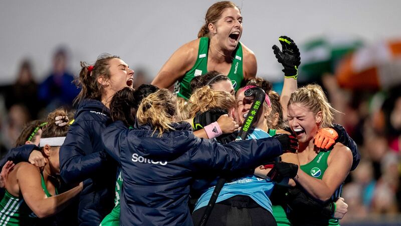 The  Irish hockey celebrates their win over Canada  in Donnybrook. Photograph: Morgan Treacy/Inpho