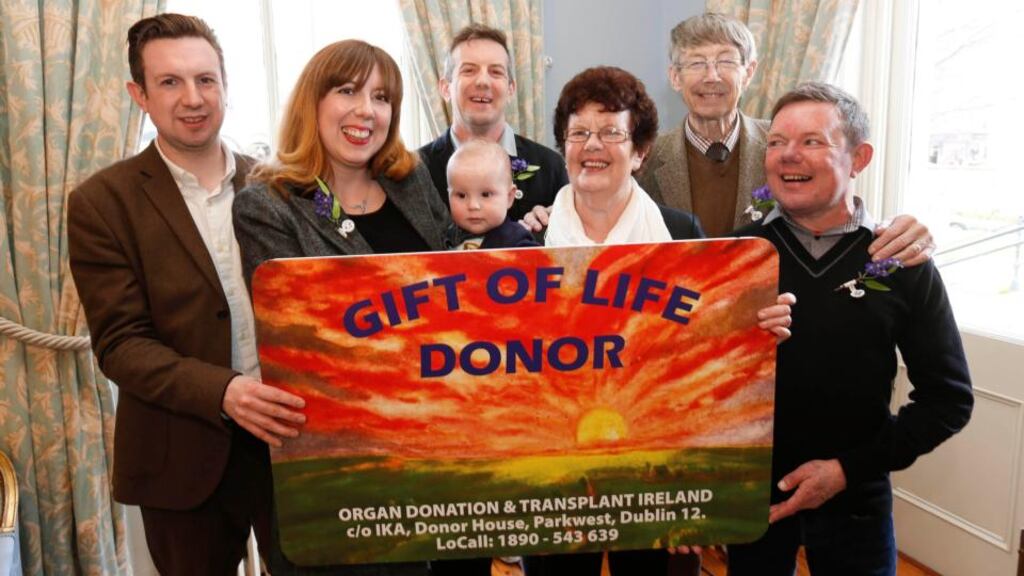 Kidney donor Mahon Murphy; kidney recipient Lia and her baby Colm; kidney recipient Jack; mother Síle; kidney donor and also kidney recipient father Sean; and Bob, three times kidney transplant recipient. The Murphy family attended the national launch of Organ Donor Awareness Week. Photograph: Conor McCabe