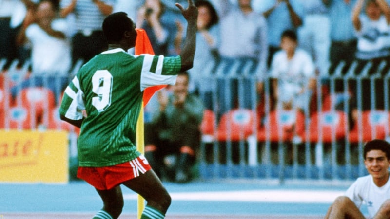 Roger Milla of Cameroon celebrates scoring against Colombia in 1990. Photograph: Getty Images