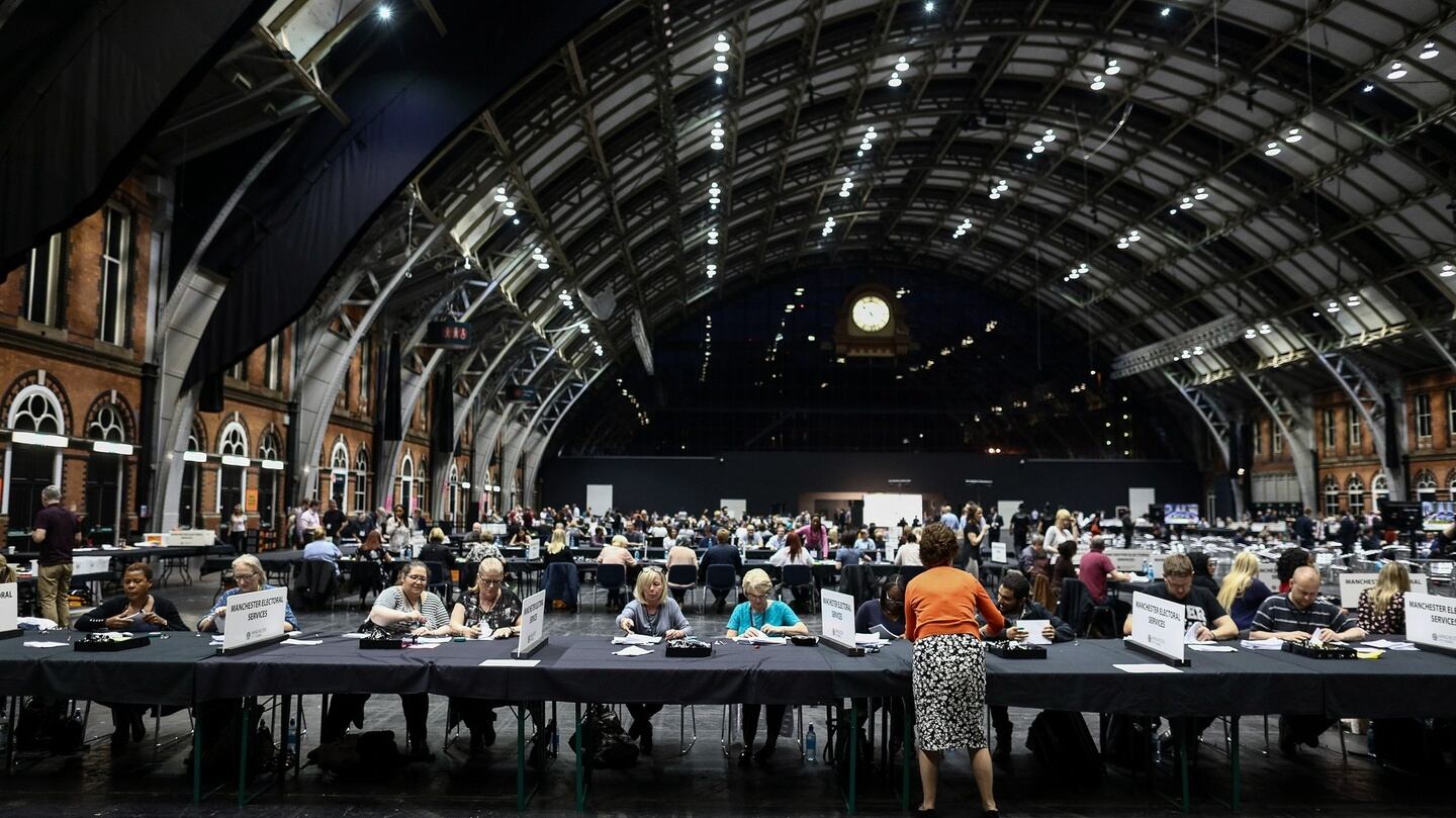 Tellers count ballot papers for the EU referendum at Manchester Central Convention Complex in Manchester, England. Photograph: Simon Dawson/Bloomberg