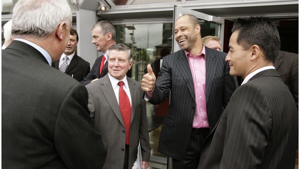 Former taoiseach Bertie Ahern (left) in 2007 with former international players Arthur Fitzsimons and Paul McGrath and Dublin GAA footballer Jason Sherlock. Photograph: Dara Mac Dónaill