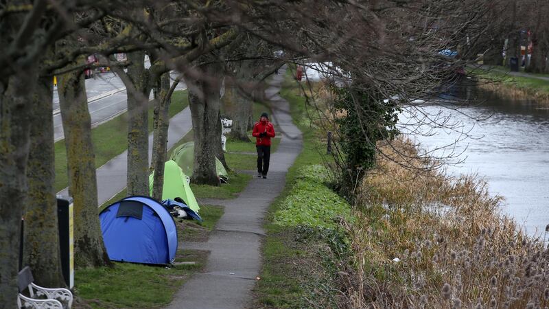 Tents pitched by the Grand Canal in Dublin amid freezing conditions on Thursday. Photograph: Laura Hutton/The Irish Times.