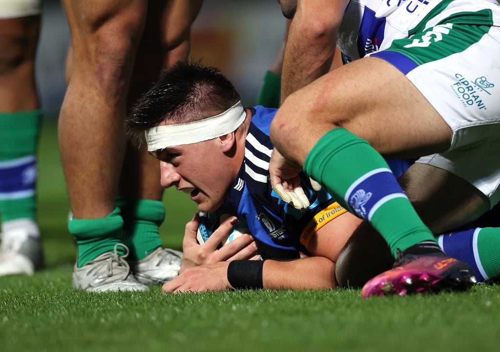 Leinster's Dan Sheehan scores a try in the URC against Benetton. Photograph Bryan Keane/Inpho