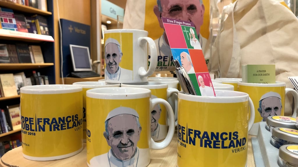 Pope Francis mugs among some of the range of  memorabilia and souvenirs on sale at the Veritas store on Dublin’s Abbey Street. Photograph: Bryan O’Brien